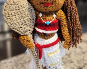 Handmade Crochet Moana Doll with Paddle and Stand