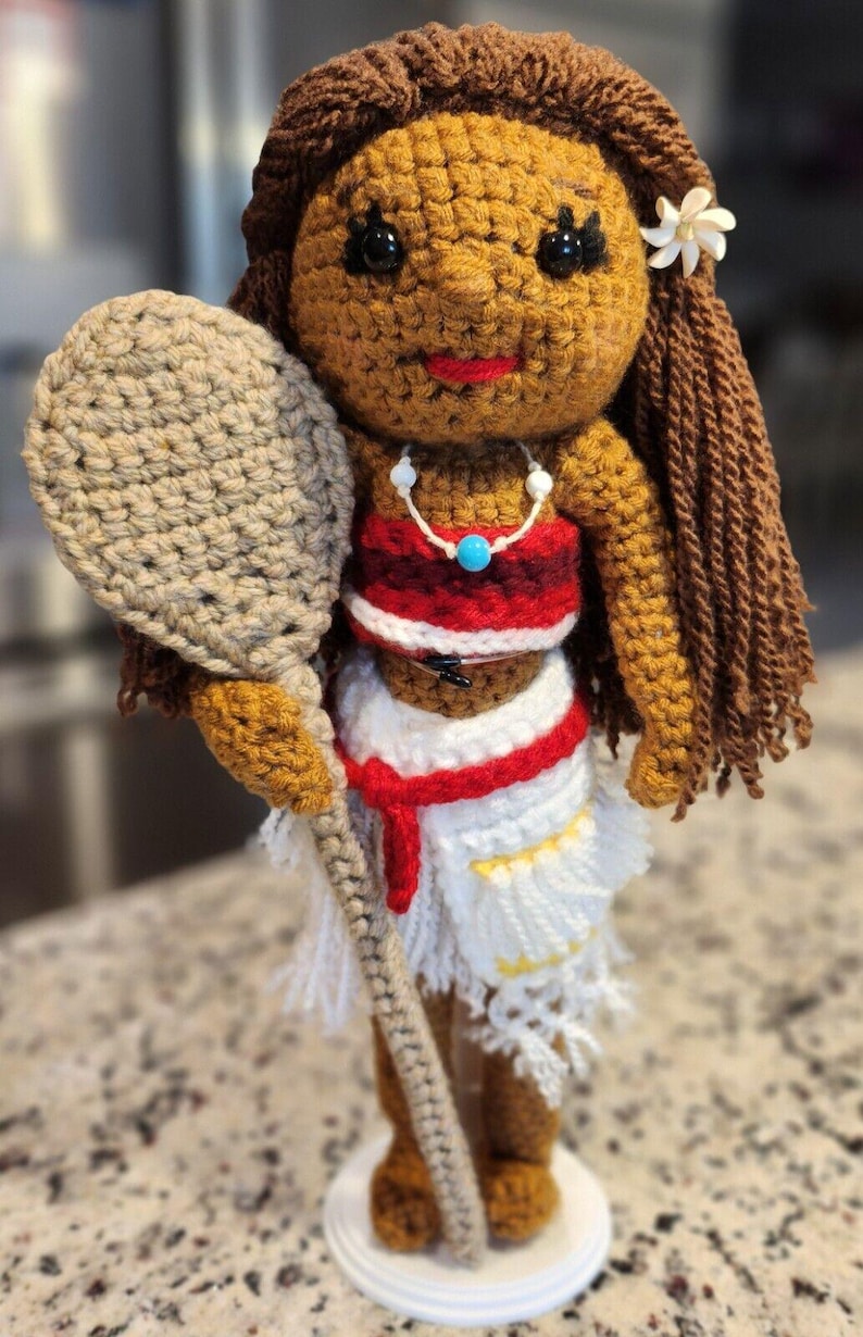 Handmade Crochet Moana Doll with Paddle and Stand image 1