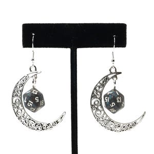 Silver Black and turquoise pearl Moon D20 Dice Earrings: Gamer Geek Jewelry