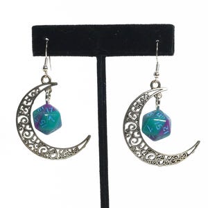 Silver Turquoise and Purple Moon D20 Dice Earrings: Gamer Geek Jewelry
