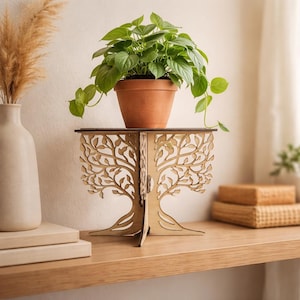 Wood Plant Stand | Modern Laser Cut Table | Botanical & Geometric Designs | Indoor Plant Riser | Minimal Decor