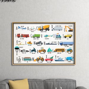 Transport Alphabet Poster für Kinder, ABC Fahrzeuge Wandkunst, Kindergarten Druck, Jungen-Raum-Dekor, Lernleinwand für Kleinkinder