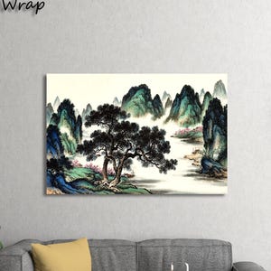 Chinese landschapsinktschilderij – muurkunst Misty Mountains en pijnboom – traditionele Aziatische natuur canvasposter