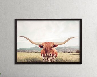 Longhorn Texas Canvas, Framed Rustic Animal Wall Art,  Farmhouse Decor,