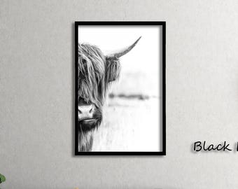 Highland Cow Wall Art – Black and White Farmhouse Print –  Rustic Western Decor  Poster