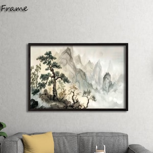 Minimalist Chinese Landscape Wall Art – Ink Wash Style Mountain Canvas Print – Serene Nature Scene for Zen Decor or Meditation Space