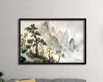Könnte beinhalten: Ein gerahmtes Landschaftsgemälde mit schwarzem Rahmen. Das Kunstwerk zeigt eine Berglandschaft mit Bäumen in Grün-, Grau- und Weißtönen. Der Text "Black Frame" befindet sich in der oberen linken Ecke. Das Gemälde hängt über einem grauen Sofa.