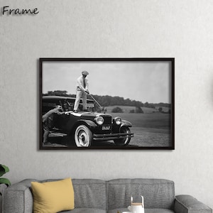 Vintage Golf Photo Wall Art, Golfer Gift, 1920s Black White Canvas Print, Antique Car Golf Poster, Sports Club Decor for Men, Golf Lover