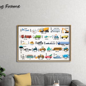 Ingelijste voertuigen ABC-print, transport alfabet print, jongen speelkamer kunst aan de muur, decor jongen kinderkamer, klaslokaal prints, leren poster