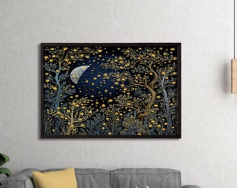Impressão de William Morris "Lua e Estrelas", Impressão de Exposição de William Morris, Pôster de William Morris, Arte de Parede Vintage, Arte Têxtil, Pôster Vintage