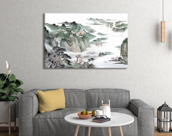 Chinese poster landschapsschilderij, muurkunst mistige berg, traditionele inktwasprint, zen-natuurdecor, canvaskunstwerk in Aziatische stijl