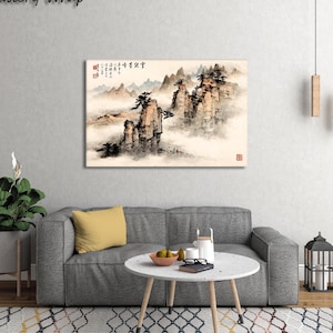 Arte murale con paesaggio cinese tradizionale, stampa di montagna con inchiostro, poster di pittura zen, opera d&#39;arte con cime nebbiose, decorazione su tela con natura asiatica