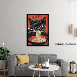 Noodle Black Cat Poster Tokyo Art Print Black Cat  Ramen Noodles Art Japan Halloween Cat Poster Eating Hungry Cat For Kitchen Wall Art