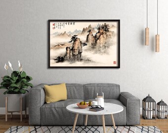 Traditional Chinese Landscape Wall Art, Ink Wash Mountain Print