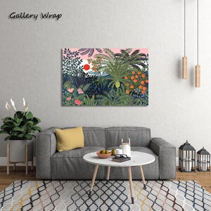 May include: A colorful gallery wrap canvas print depicting a lush jungle scene with a red sun setting over the foliage. The artwork features various shades of green, pink, and orange, creating a vibrant and tropical atmosphere. The text "Gallery Wrap" is in the upper left corner.