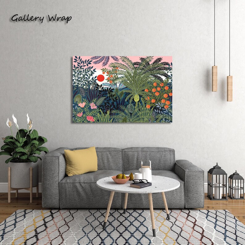 May include: A colorful gallery wrap canvas print depicting a lush jungle scene with a red sun setting over the foliage. The artwork features various shades of green, pink, and orange, creating a vibrant and tropical atmosphere. The text "Gallery Wrap" is in the upper left corner.