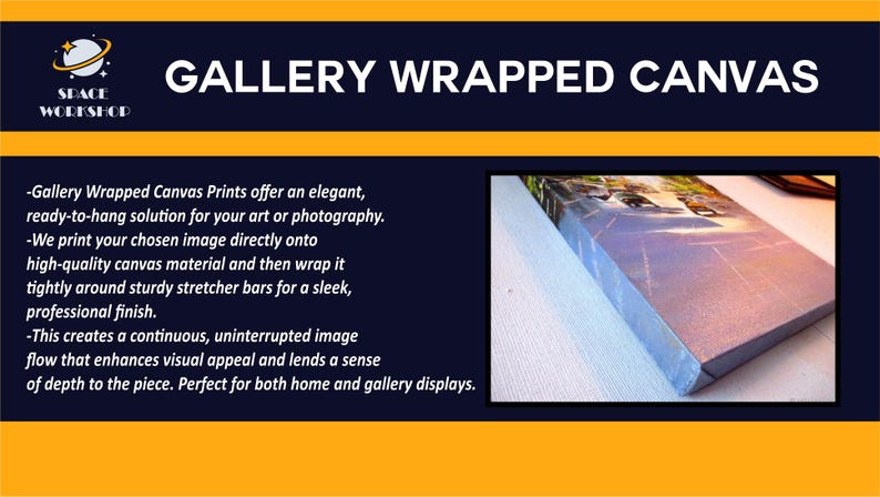 May include: Gallery wrapped canvas print with a landscape image. The canvas is stretched around a wooden frame. The text on the image says "Gallery Wrapped Canvas" and describes the product as a ready-to-hang solution for art or photography.