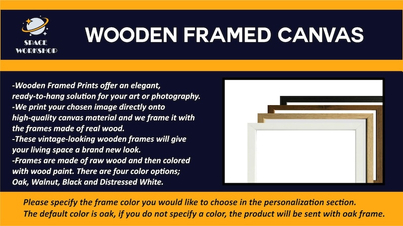 May include: Wooden framed canvas prints with four color options: oak, walnut, black, and distressed white. The image shows a stack of frames in different colors. The text says "Wooden Framed Canvas".