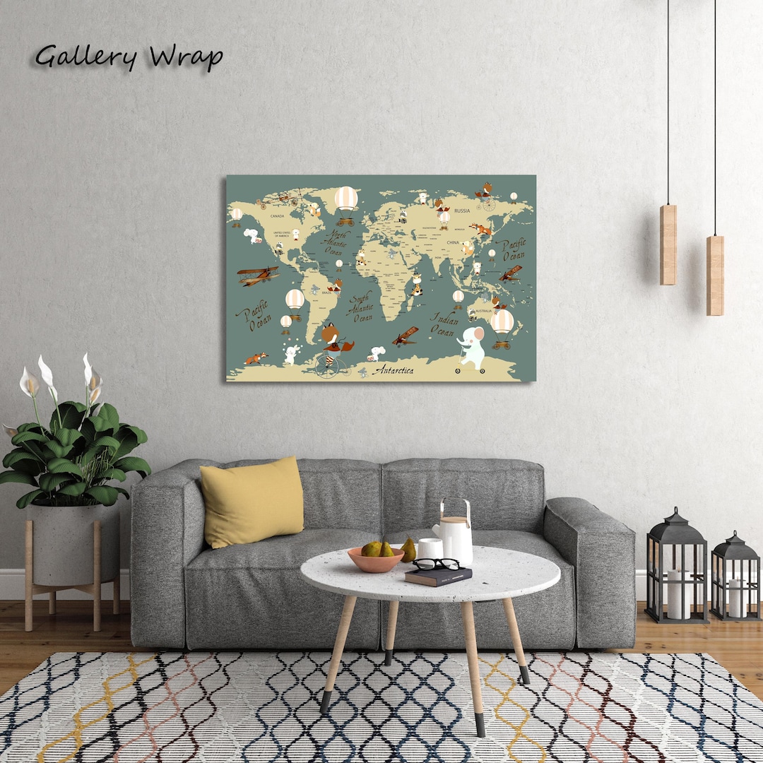 Kids World Map Wall Art – Animal World Map for Nursery – Educational ...