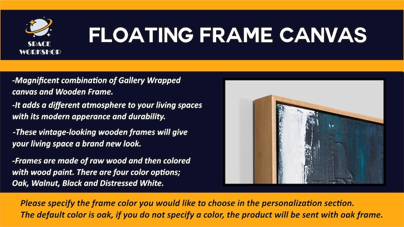 May include: Floating frame canvas with a wooden frame. The image shows a corner of the canvas with a natural oak frame. The canvas features an abstract painting with shades of white and dark blue. The text on the image says "Floating Frame Canvas".
