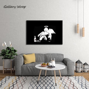 Framed Banksy Fallen Angel Print - Graffiti Street Art, Urban Wall Decor, Canvas Framed