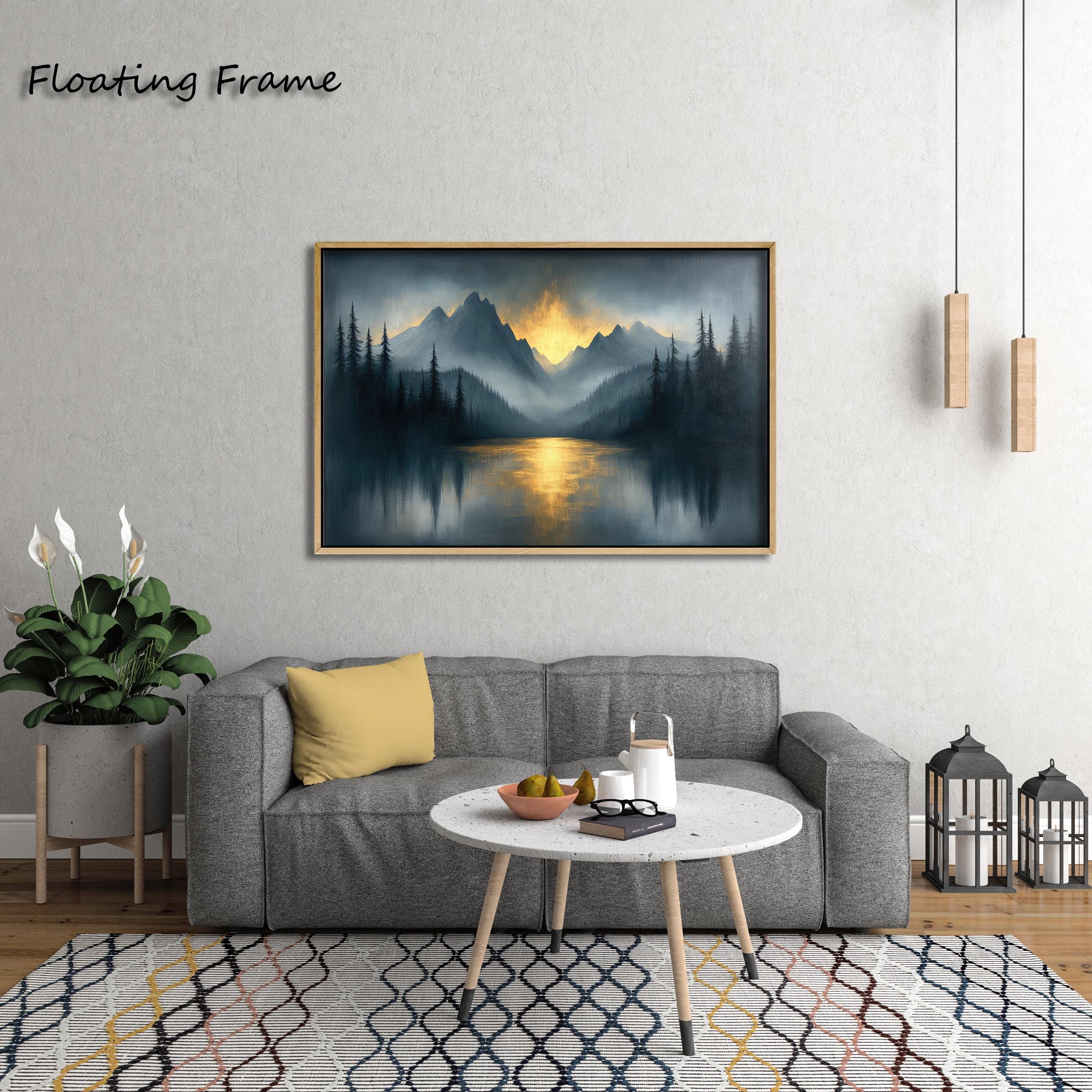 Dark Forest Mountain Wall Art – Misty Pine Trees and Golden Lake