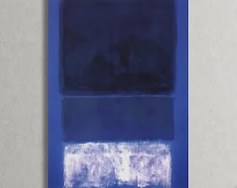 May include: A rectangular canvas painting featuring three horizontal color blocks. The top section is a deep dark navy, the middle is a medium blue, and the bottom section is a textured, lighter white and pale blue wash on a blue background.