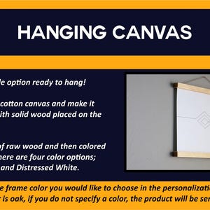 May include: Hanging canvas with a white surface and a geometric design, held by wooden bars at the top and bottom. The frame is made of raw wood and can be customized with options like oak, walnut, black, or distressed white.