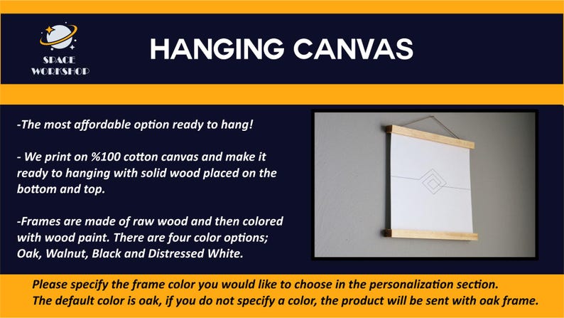 May include: Hanging canvas with a white surface and a geometric design, held by wooden bars at the top and bottom. The frame is made of raw wood and can be customized with options like oak, walnut, black, or distressed white.