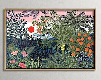 May include: A framed rectangular wall art print featuring a dense tropical jungle scene with dark green foliage, a large palm tree, orange fruit clusters, pink flowers, and a solid red sun set against a pale pink sky background.