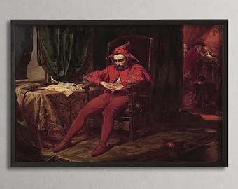 May include: A framed oil painting depicting a jester dressed in a vibrant red costume with a matching pointed hood, sitting slumped in a dark wooden chair. The scene includes a table with draped fabric and a dimly lit room with figures in the background.