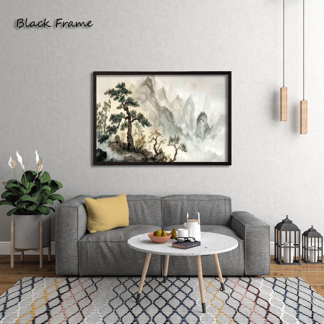 Minimalist Chinese Landscape Wall Art – Ink Wash Style Mountain Canvas ...