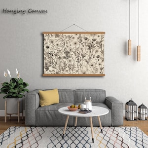 Botanical Textile Print On Hanging Canvas,Vintage Botanical Art,Botanical Textile Art, Large Wall Art,Modern Wall Hanging