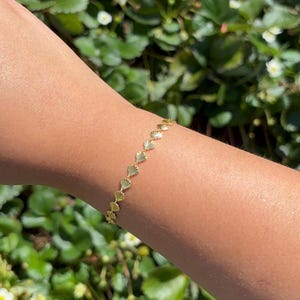 Puede incluir: Una pulsera dorada con un diseño repetido de conchas marinas. La pulsera es delicada y parece estar hecha de metal. La pulsera se lleva en la muñeca, con un fondo de hojas verdes.