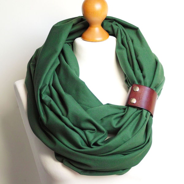 GREEN Infinity SCARF, large Shawl Loop with leather clasp/cuff bracelet, oversized infinity scarf, cotton scarf, tube scarf, nursing scarf