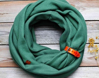 GREEN infinity scarf with leather cuff, fashion infinity scarf, cozy SNOOD, hooded scarf, gift ideas, gift for her, infinity scarf