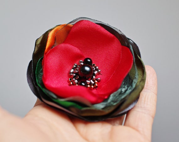 RED Fabric Flower BROOCH Pin for dress, small gift ideas for her - flower Pin Organza Satin handmade