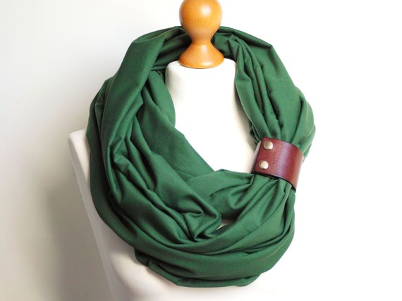 GREEN Infinity SCARF, large Shawl Loop with leather clasp/cuff bracelet, oversized infinity scarf, cotton scarf, tube scarf, nursing scarf