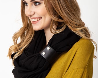 LARGE Infinity SCARF Shawl Loop with leather clasp/cuff bracelet, BLACK oversized infinity scarf, cotton scarf, tube scarf basic black scarf