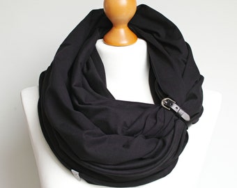 BLACK cotton infinity scarf for women, lightweight cotton tube scarf with leather cuff for spring autumn