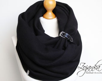 BLACK SCARF with leather strap, extra CHUNKY Infinity Scarf with leather cuff, winter fashion infinity scarf, black chunky scarf, gift idea