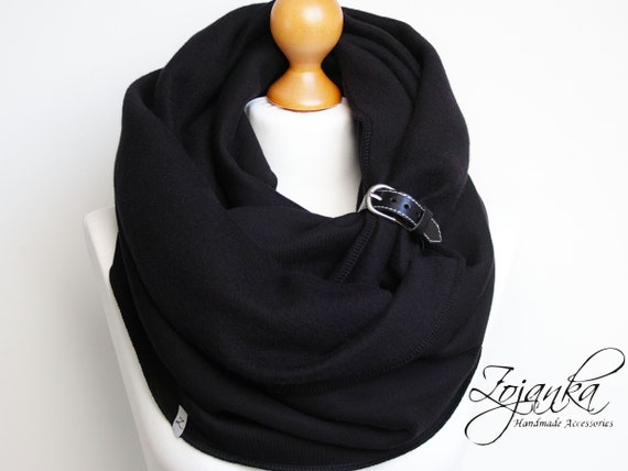 BLACK SCARF with leather strap, extra CHUNKY Infinity Scarf with leather cuff, winter fashion infinity scarf, black chunky scarf, gift idea