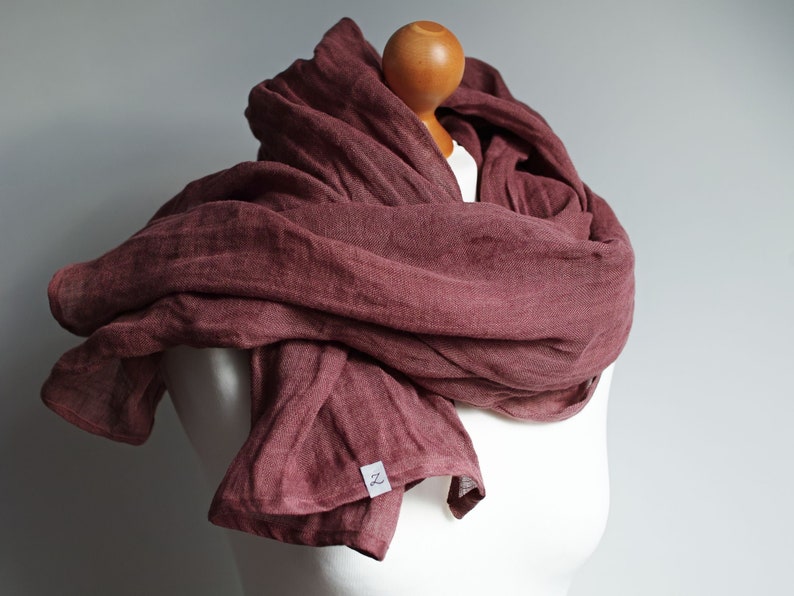 Bufanda de lino suave en MARSALA, bufanda natural SHAWL para mujer, lino puro, envoltura de viaje de lino, bufanda natural, moda ecológica, envoltura de lino de viaje imagen 1