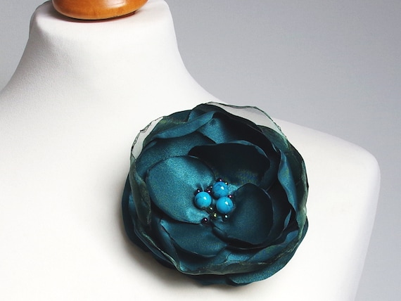 TEAL Fabric Flower BROOCH Pin for dress, small gift ideas for her - flower Pin Organza Satin handmade, textile flowers for dresses