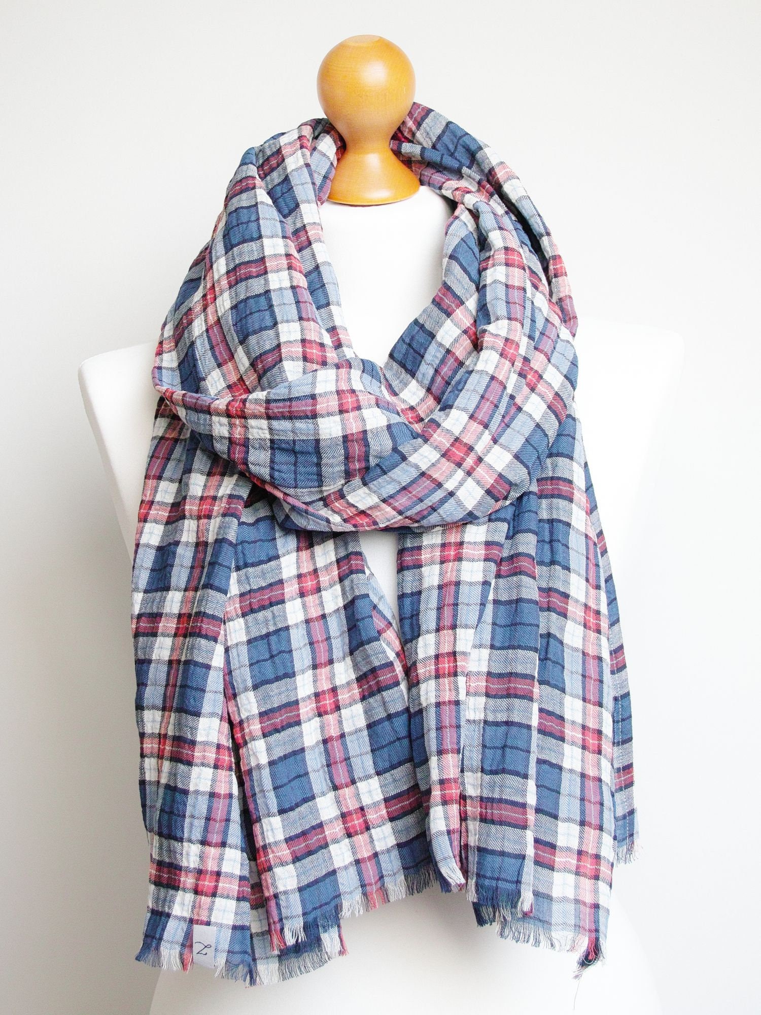 Lightweight cotton wrap scarf, lightweight plaid scarf in blue colour