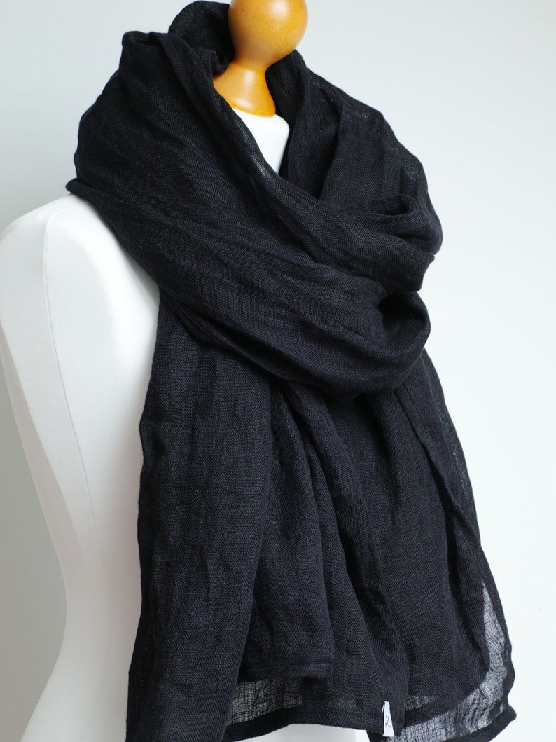 BLACK linen scarf lightweight linen scarf SHAWL wrap women, natural linen eco scarf fashion, linen accessories women image 3