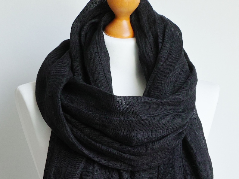 BLACK linen scarf lightweight linen scarf SHAWL wrap women, natural linen eco scarf fashion, linen accessories women image 7