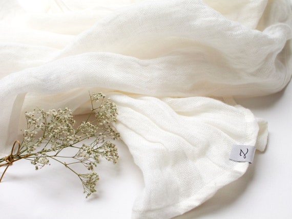 Prany lniany szalik OFF WHITE kremowy, lniany lekki szalik SZAL damski, naturalny lniany ekologiczny szalik modny, lniane dodatki damskie