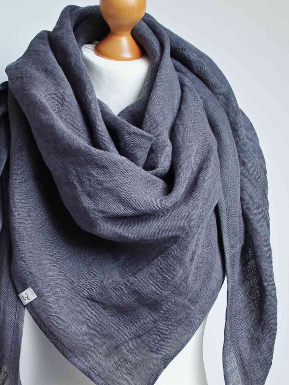 large natural linen scarf wrap in washed jeans colos, clightweight linen scarf, pure linen, linen accessories, women linen scarves