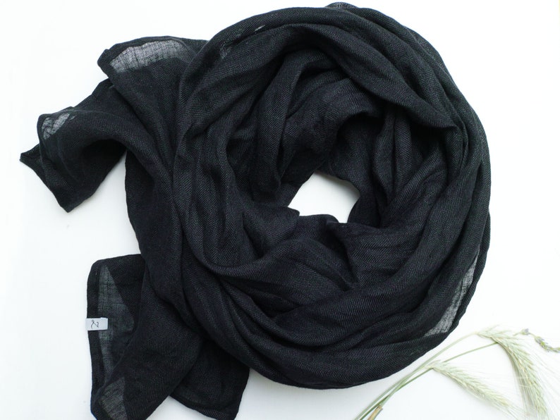 BLACK linen scarf lightweight linen scarf SHAWL wrap women, natural linen eco scarf fashion, linen accessories women image 4